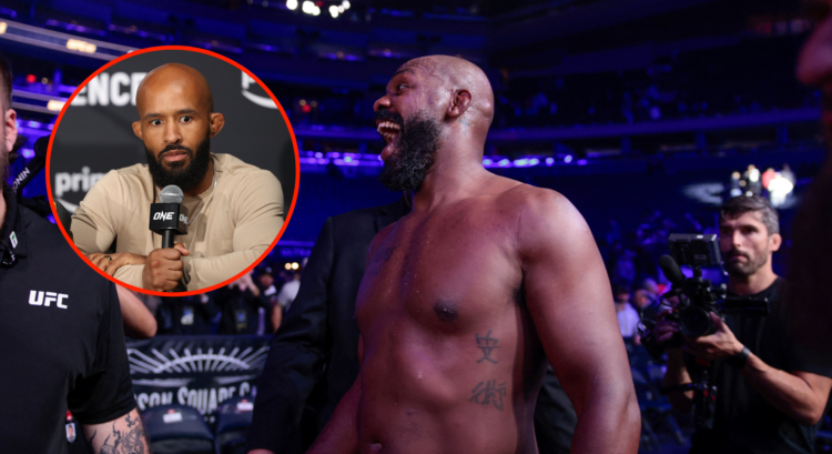 US MMA fighter Jon Jones reacts after his TKO victory against US MMA fighter Stipe Miocic in their heavyweight title bout during UFC 309 at Madison...