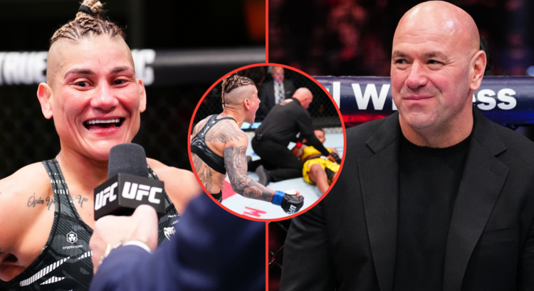 Split image of Priscila Cachoeira during her UFC Vegas 104 interview, opposite Dana White in the cage at UFC 313, inset Cachoeira reacting to her k...