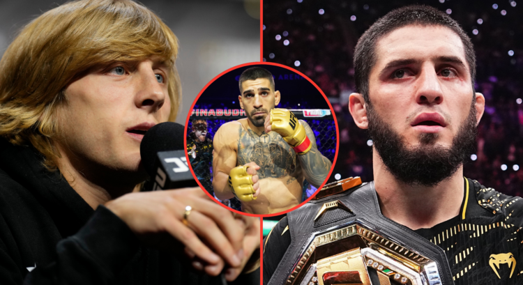 Image of Paddy Pimblett at the UFC 304 pre-fight press conference, opposite Islam Makhachev reacting to his UFC 311 win, inset Ilia Topuria during ...