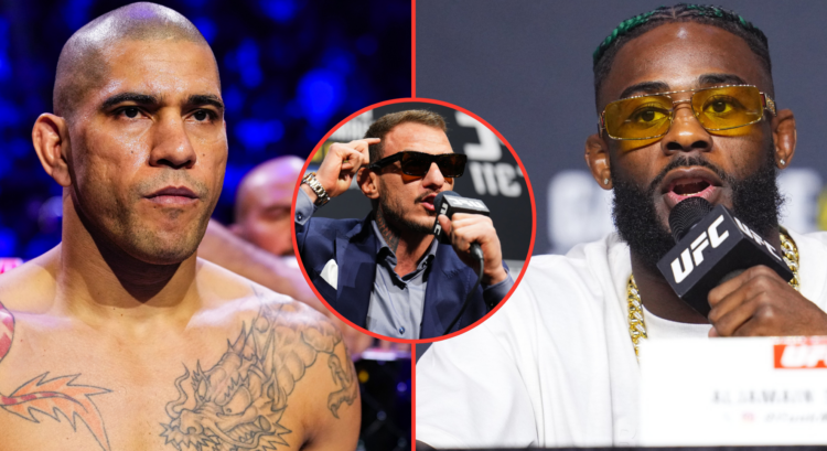 Split image of Alex Pereira entering the cage at UFC 313, opposite Aljamain Sterling at the UFC 310 pre-fight press conference, inset Renato Moican...