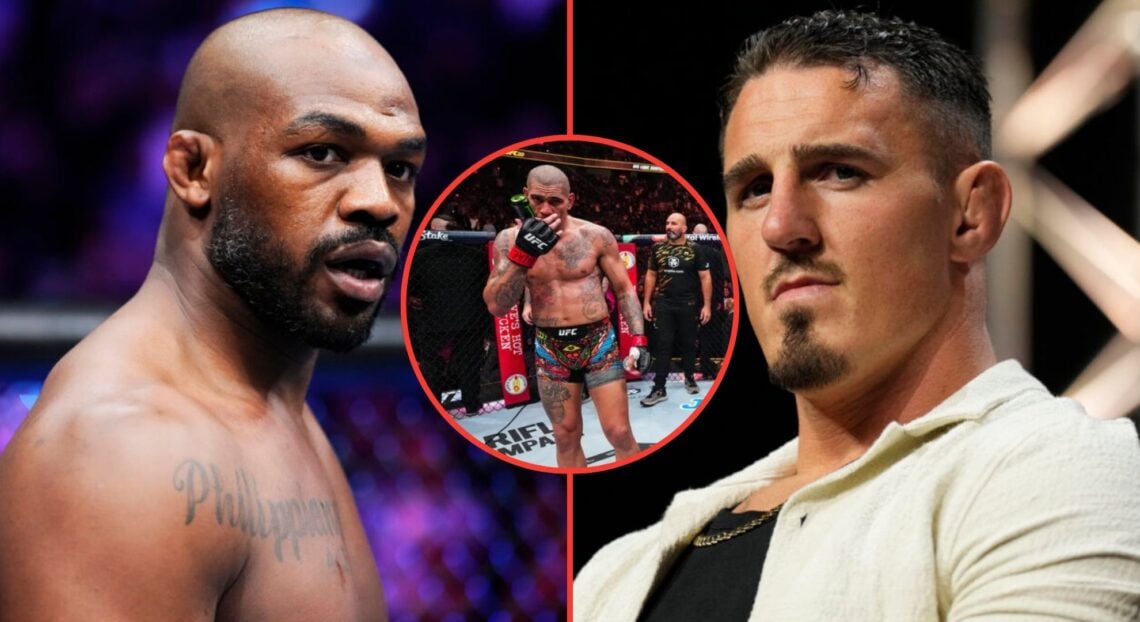 Split image of Jon Jones and Tom Aspinall with an inset of Alex Pereira reacting to his UFC 313 defeat