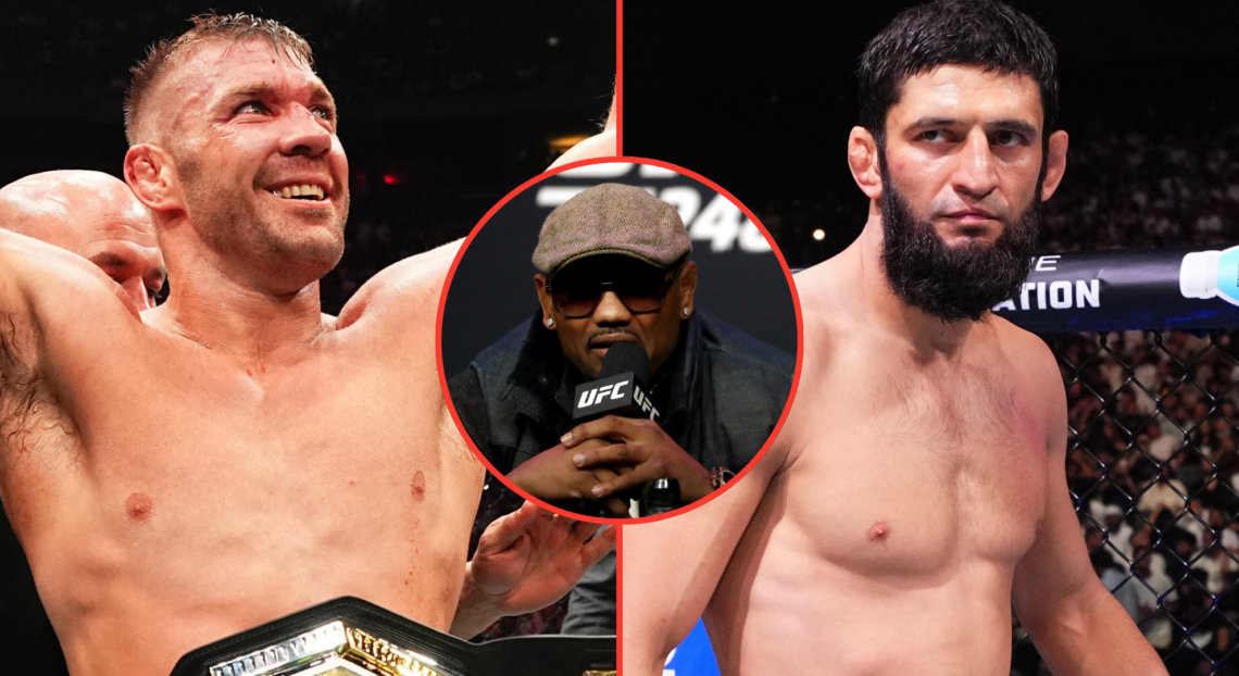 Image of Dricus du Plessis reacting after defeating Sean Strickland at UFC 312, opposite Khamzat Chimaev entering the cage at UFC 308, inset Yoel R...