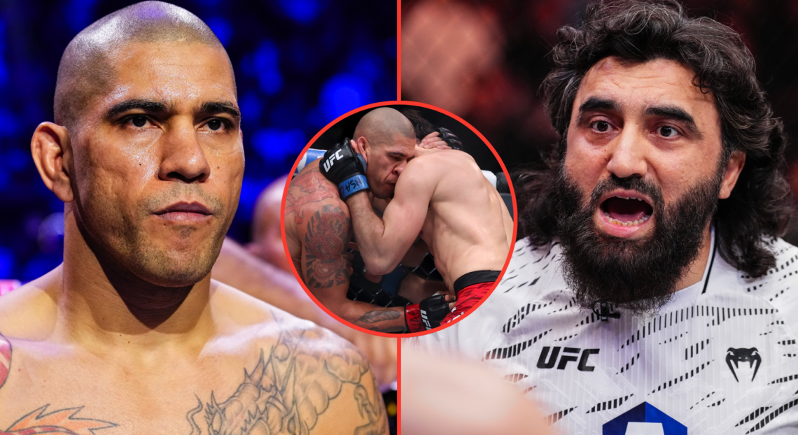 Split image of Alex Pereira during his intro at UFC 313, opposite Sukhrab Magomedov coaching Magomed Ankalaev at UFC 313, inset Pereira and Ankalae...