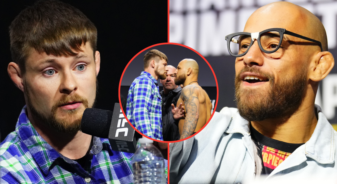 Split image of Bryce Mitchell and Jean Silva at the UFC 314 press conference, inset Mitchell/Silva press conference faceoff.