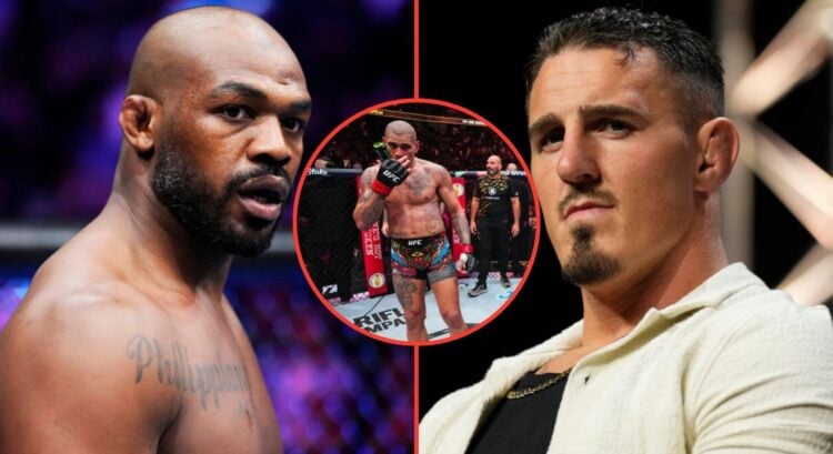 Split image of Jon Jones and Tom Aspinall with an inset of Alex Pereira reacting to his UFC 313 defeat