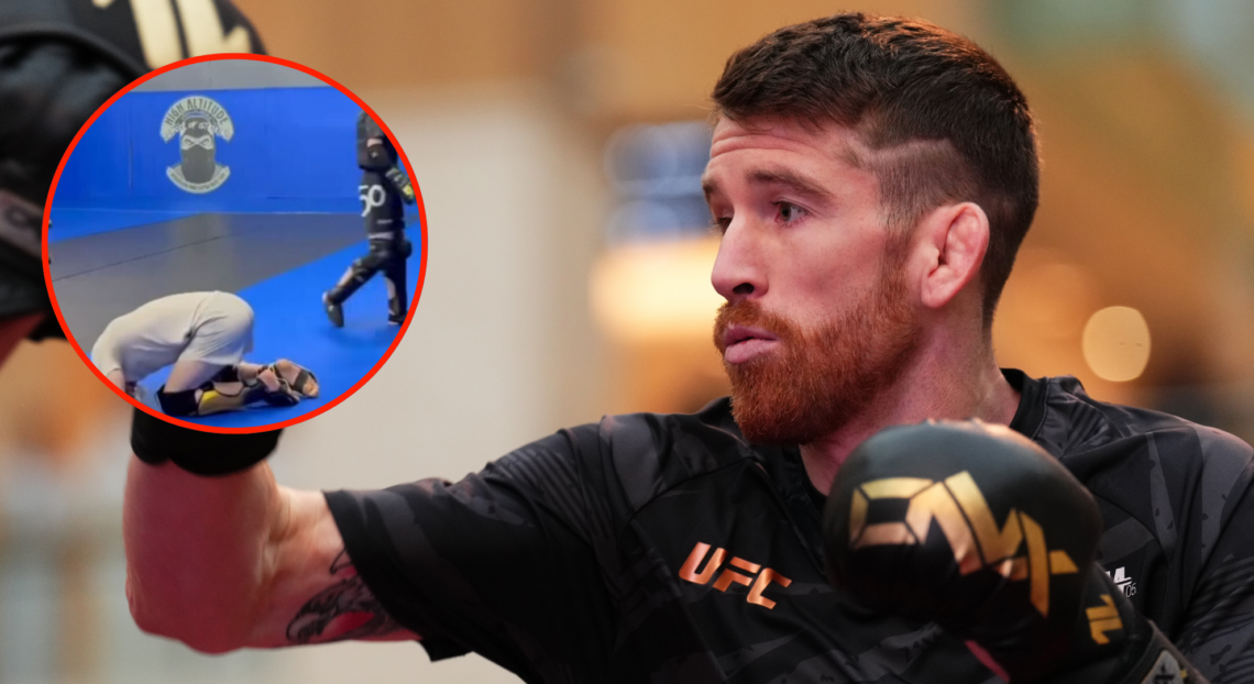 Image of Cory Sandhagen during the UFC Abu Dhabi open workouts, inset Sandhagen sparring footage.