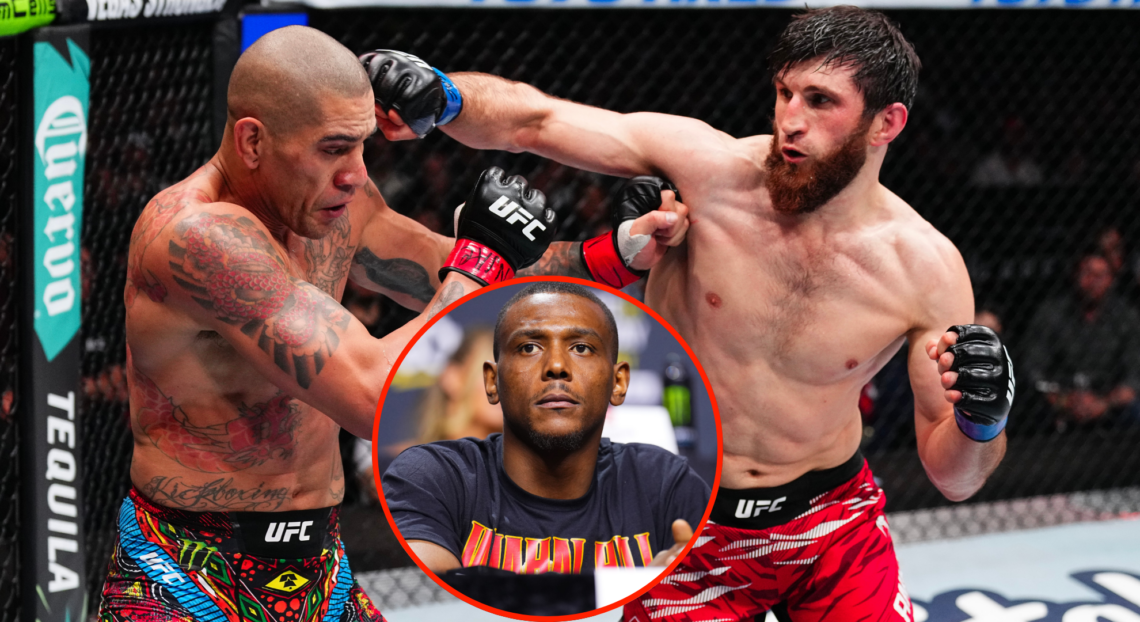 Magomed Ankalaev and Alex Pereira trade punches at UFC 313, inset Jamahal Hill at the UFC 300 pre-fight press conference.