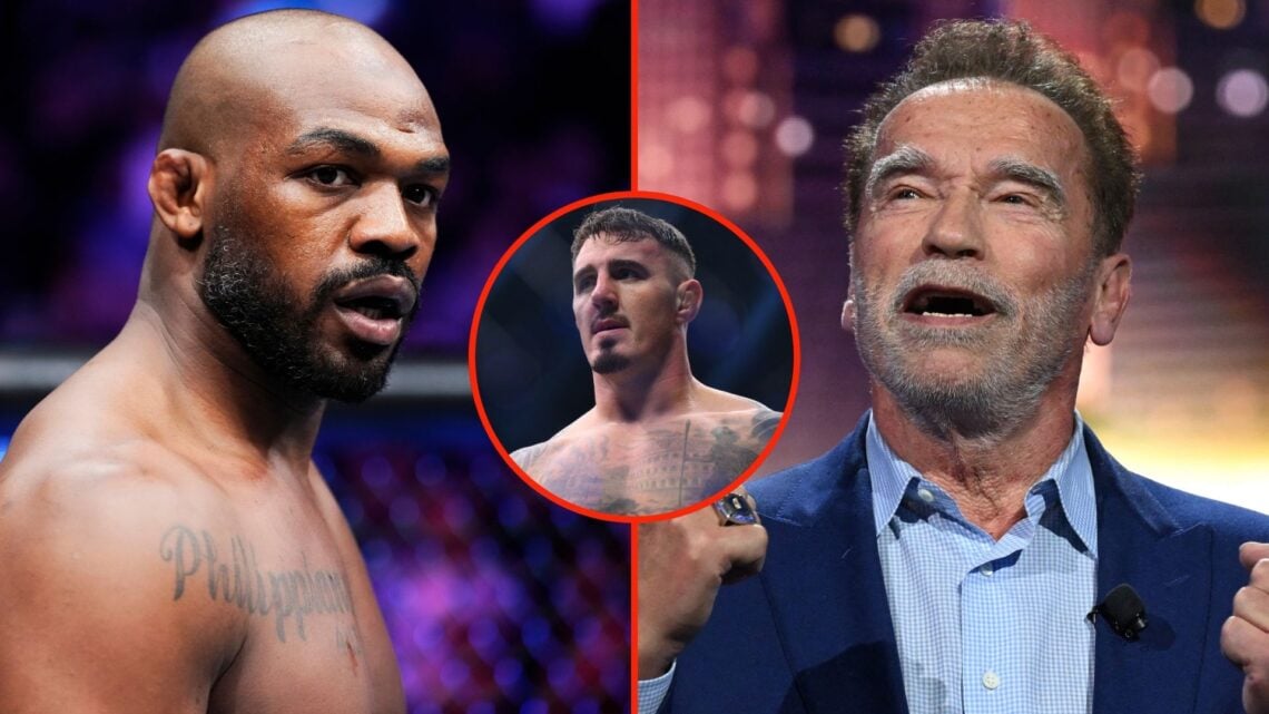 Split image of Jon Jones entering the Octagon, and Arnold Schwarzenegger speaking about clean energy. Inset, Tom Aspinall.