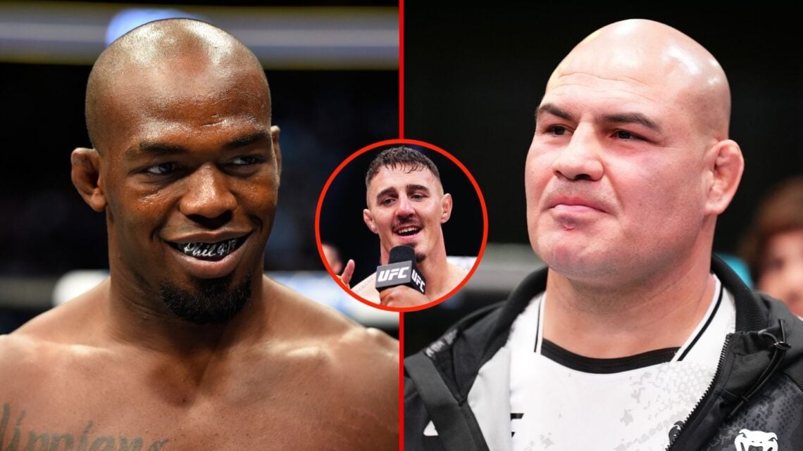 Split image of Jon Jones and Cain Velasquez with an inset of Tom Aspinall.