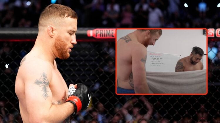 Justin Gaethje prepares to fight Rafael Fiziev of Kazakstan in a lightweight fight during the UFC 286 event at The O2 Arena. Inset, a screenshot fr...