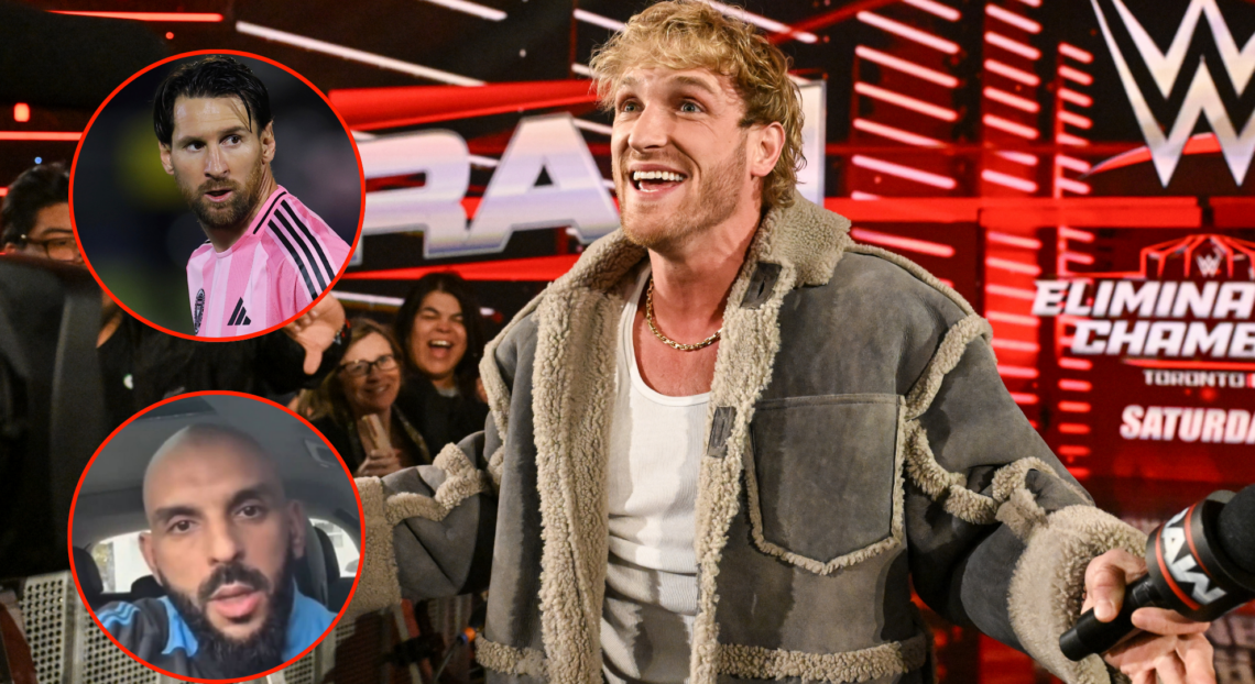 Logan Paul walks out at a WWE event, inset Lionel Messi at Inter Miami CF, and Messi's bodyguard calling out Paul.