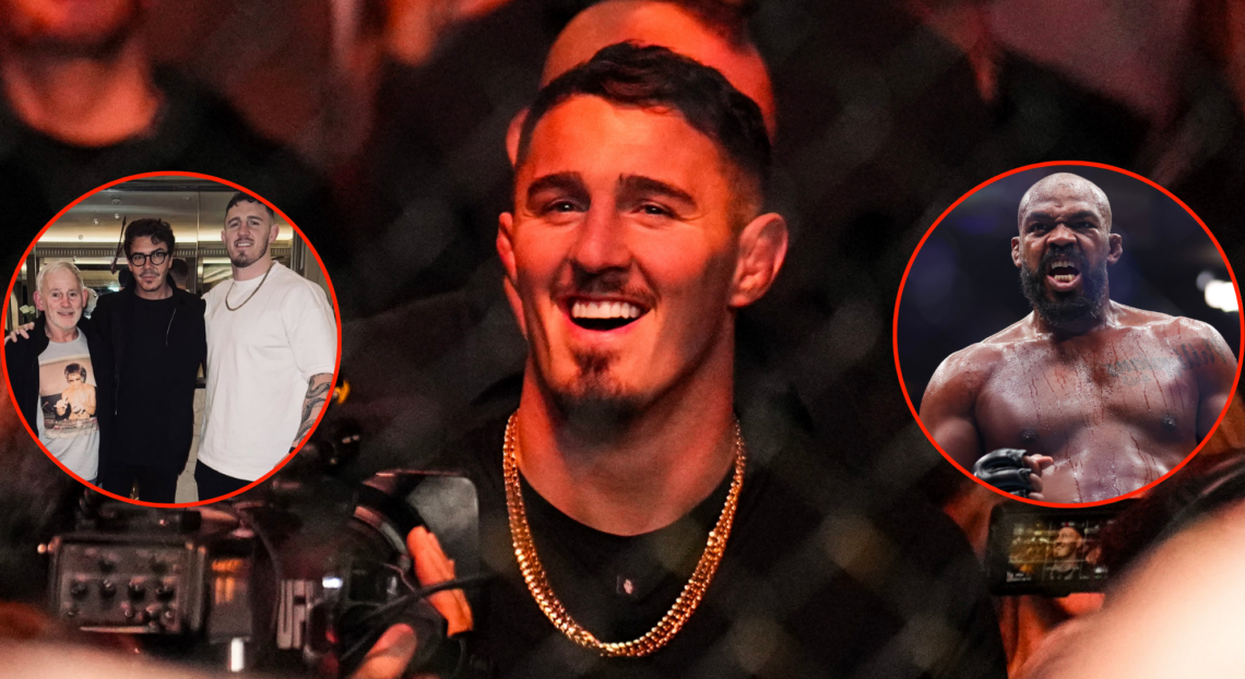 Tom Aspinall reacts during Jon Jones's interview at UFC 309, inset Aspinall with Hunter Campbell and his father, and Jon Jones entering the Octagon...