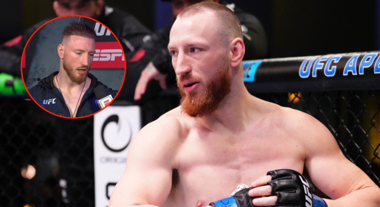 Joe Pyfer stares down his opponent Jack Hermansson, inset Pyfer speaking with ESPN before UFC Mexico City.
