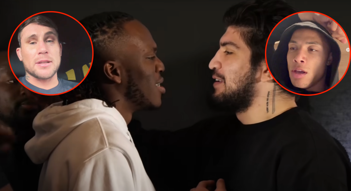 KSI and Dillon Danis face off, with bubble photos showing Darren Till (left) and Chase DeMoor (right) reacting to the fight cancellation