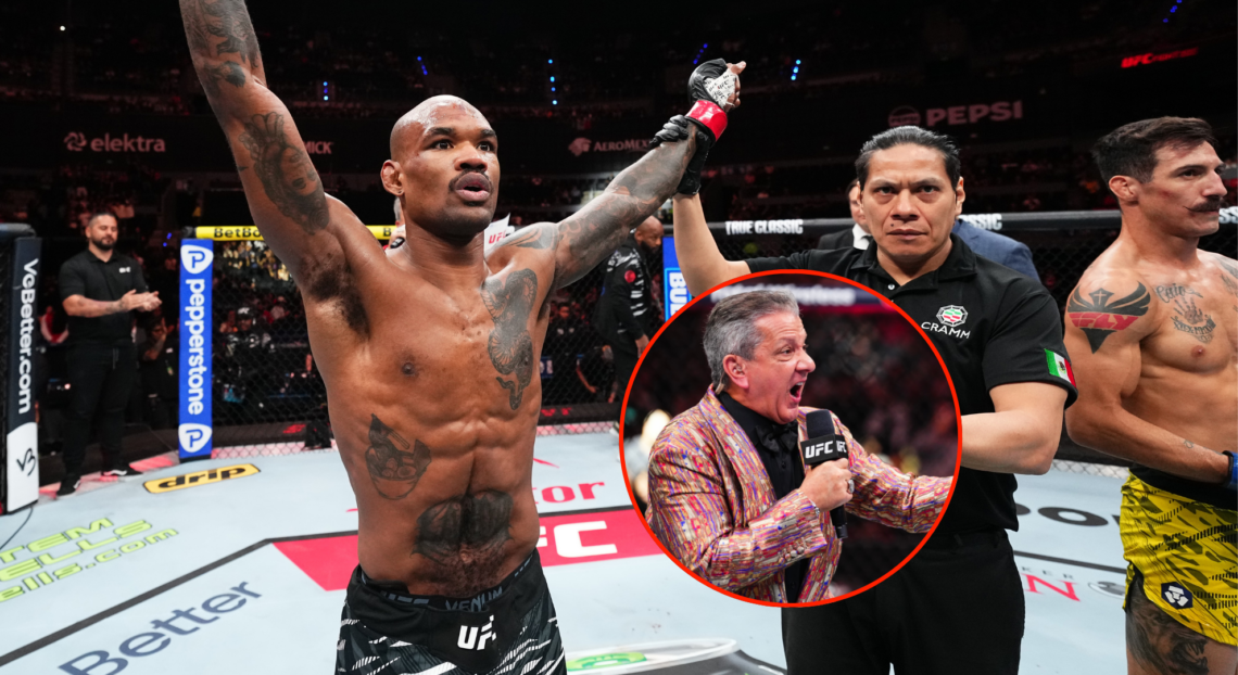 Jamall Emmers react as the official result is read by Bruce Buffer, inset Buffer announcing fighters at UFC 313.