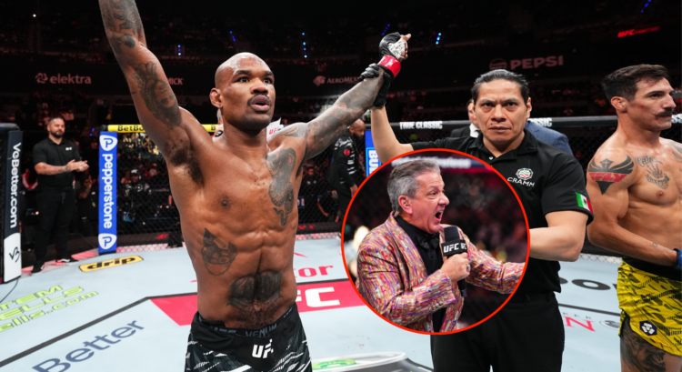 Jamall Emmers react as the official result is read by Bruce Buffer, inset Buffer announcing fighters at UFC 313.