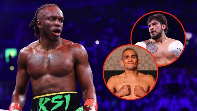 KSI (Olajide Olayinka Williams) looks on during the Misfits Cruiserweight fight between KSI (Olajide Olayinka Williams) and Tommy Fury. Inset, Tony...