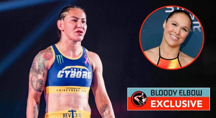 Image of Cris Cyborg. Inset, Ronda Rousey. Overlay text that reads BLOODY ELBOW EXCLUSIVE