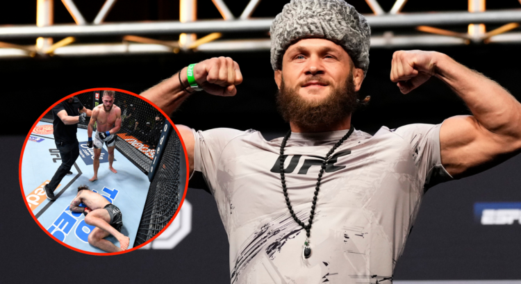 Image of Rafael Fiziev at the UFC 286 ceremonial weigh-in, inset Fiziev reacting to knocking out Brad Riddell.