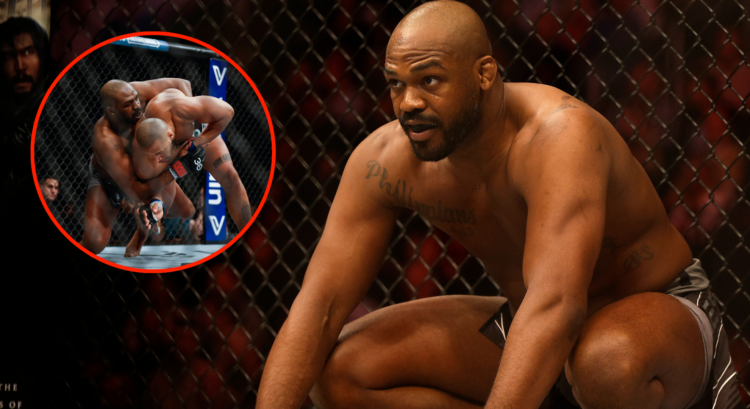 Image of Jon Jones as he prepares to face Ciryl Gane at UFC 285, inset Jones taking down Gane.