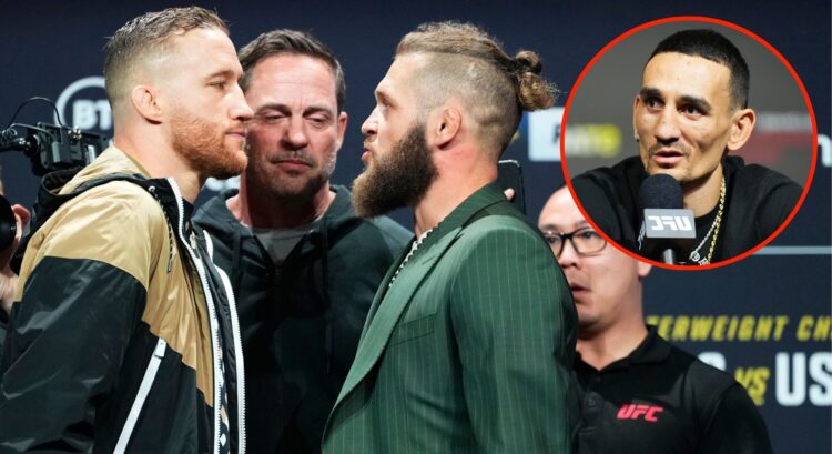 Image of Justin Gaethje and Rafael Fiziev. Inset, Max Holloway