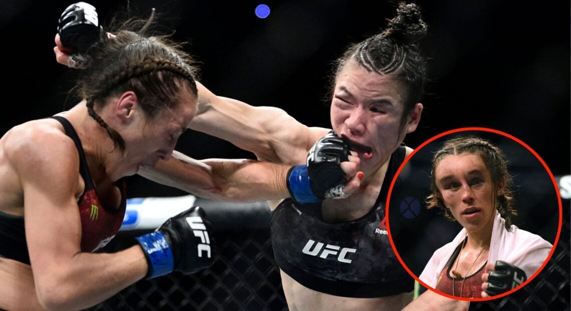 Image of Joanna Jedrzejczyk vs Weili Zhang. Inset, Jedrzejczyk