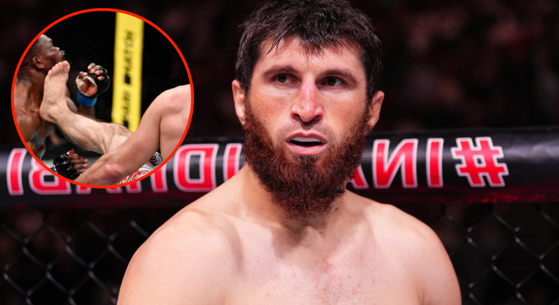 Magomed Ankalaev stares down Aleksandar Rakic at UFC 308, inset Ankalaev kicking Dalcha Lungiambula.