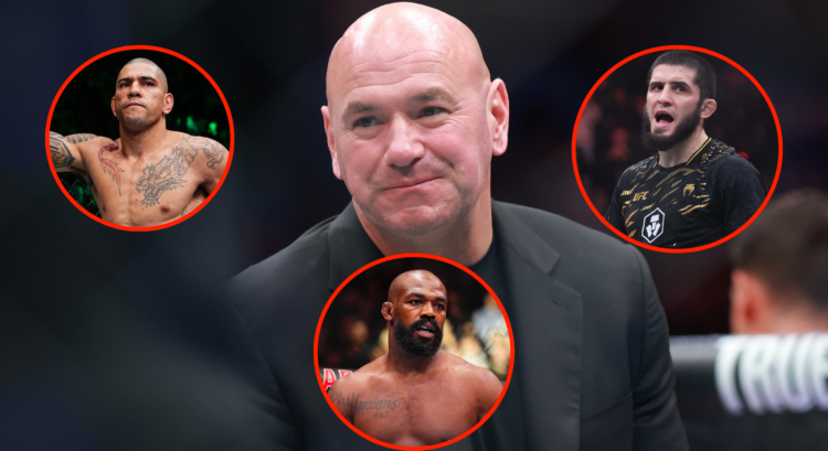Dana White enters the Octagon at UFC 312, inset Alex Pereira, Islam Makhachev, and Jon Jones.
