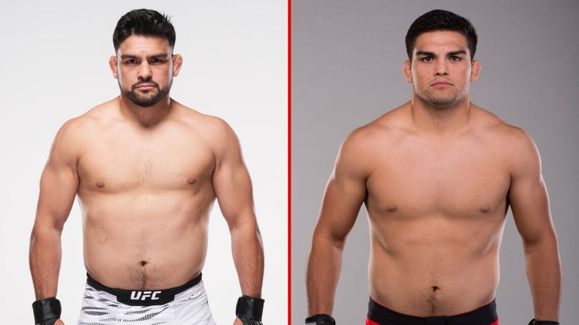 Split image of Kelvin Gastelum poses for a portrait during a portrait session prior to filming for season seventeen of The Ultimate Fighter and : K...