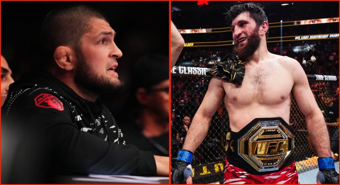 Split image of Khabib Nurmagomedov and Magomed Ankalaev celebrating his UFC 313 title win