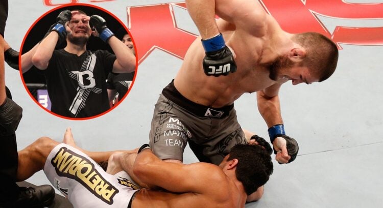 Image of Khabib Nurmagomedov punching Thiago Tavares with an inset of the Russian legend reacting to beating Gleison Tibau