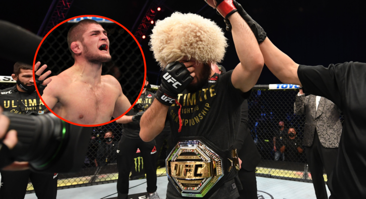 Khabib Nurmagomedov at his retirement, with a bubble showing his first UFC fight years earlier
