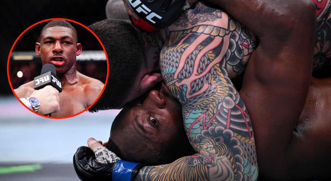Leon Edwards and Sean Brady grapple during UFC London fight, inset Joaquin Buckley during his post-fight interview after defeating Colby Covington.