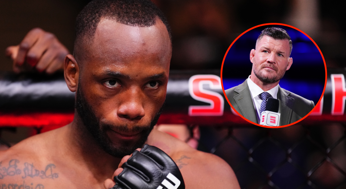 Leon Edwards reacts during his introduction at UFC London, inset Michael Bisping during UFC Seattle broadcast.