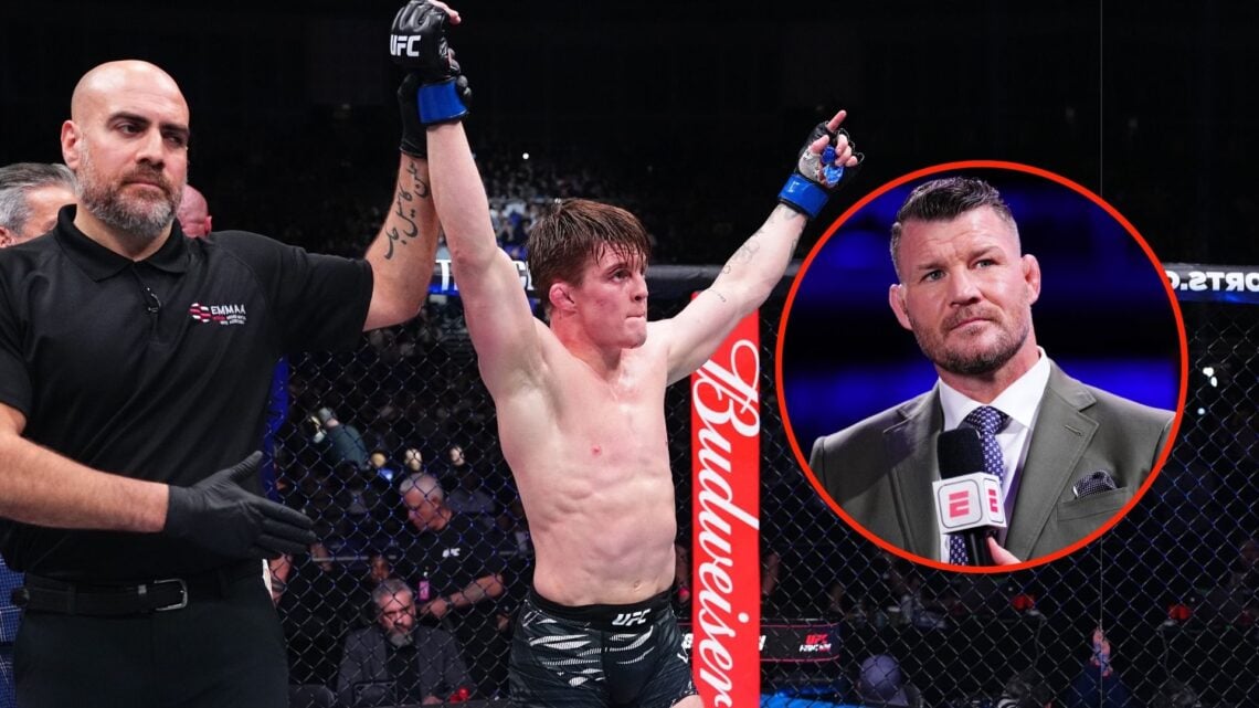 Image of Caolan Loughran of Northern Ireland reacts after a victory against Nathan Fletcher of England in a bantamweight fight during the UFC Fight...