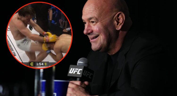 Image of Dana White at UFC 313 with an inset of Luke Riley landing a knee on Tariel Abbasov during Cage Warriors 185