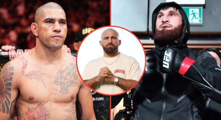 Split image of Alex Pereira and Magomed Ankalaev. Inset, Alexander Volkanovski