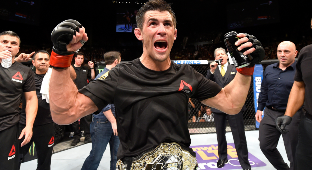 Dominick Cruz celebrates after title win at UFC 199.