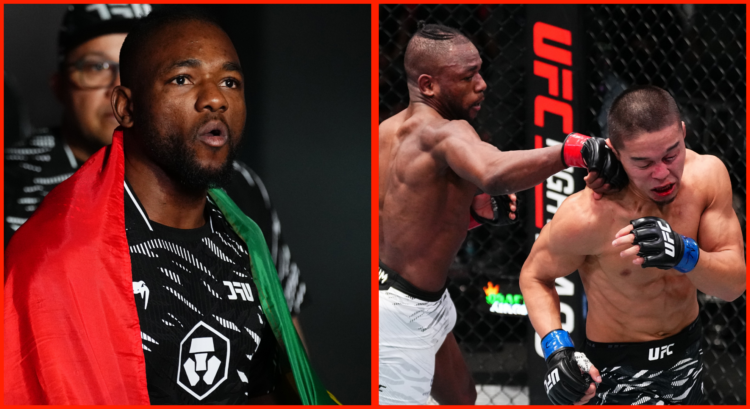 Split image of Manel Kape walking out at UFC Vegas 103 and Kape punching Asu Almabayev.