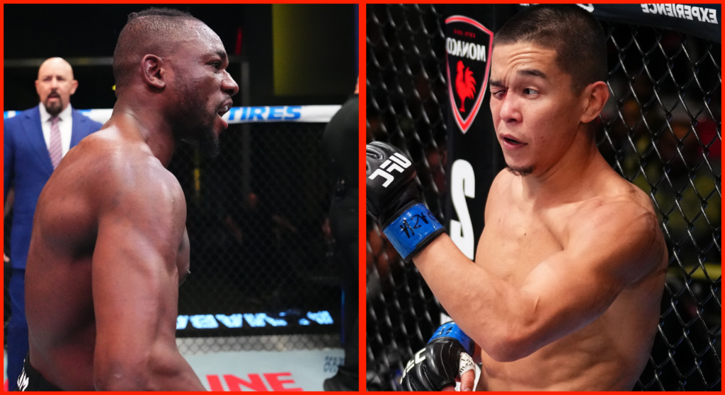 Split image of Manel Kape reacting after finishing Asu Almabayev, opposite Almabayev reacting after a mid-fight eye poke.