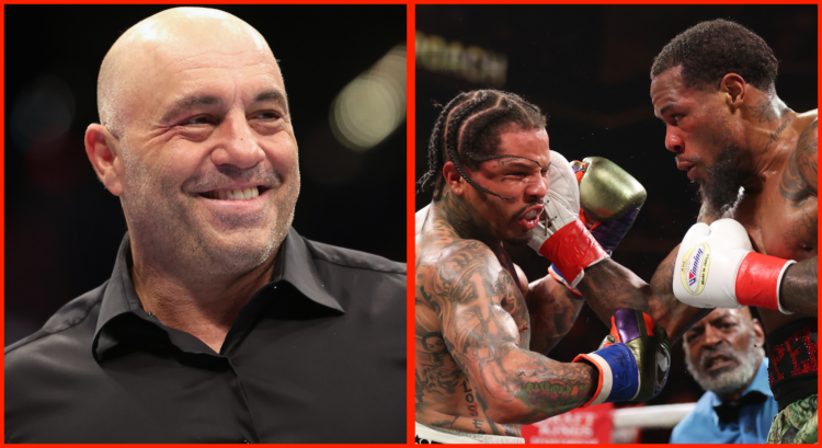Split image of Joe Rogan during UFC 274, opposite Gervonta Davis getting punched by Lamont Roach Jr.