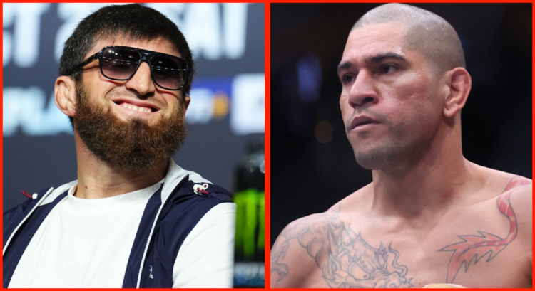 Split image of Magomed Ankalaev at the UFC 308 pre-fight press conference, opposite Alex Pereira during his fight at UFC 303.