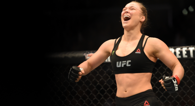 Ronda Rousey reacts after defeating Cat Zingano.