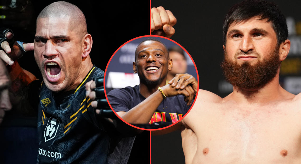 Split image of Alex Pereira walking out at UFC 300, opposite Magomed Ankalaev posing at the UFC 308 ceremonial weigh-in, inset Jamahal Hill reactin...