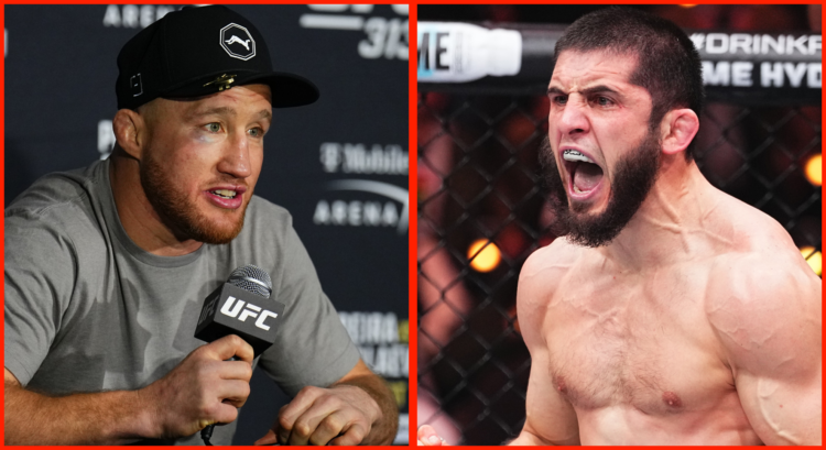 Split image of Justin Gaethje speaking with the media at the UFC 313 post-fight press conference, opposite Islam Makhachev reacting to win at UFC 311.