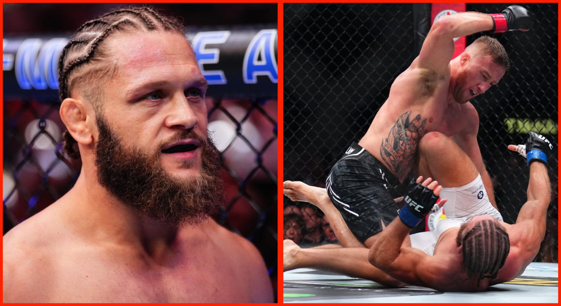 Split image of Rafael Fiziev in his corner during the introductions at UFC 313, opposite Justin Gaethje punching Fiziev during a scramble.