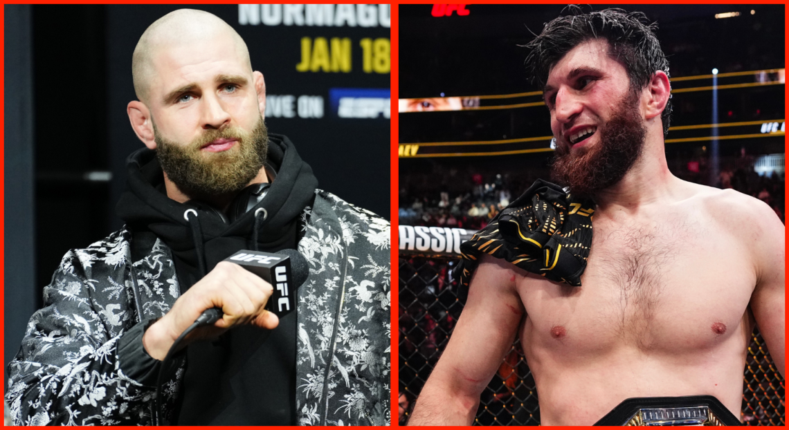 Split image of Jiri Prochazka at the UFC 311 pre-fight press conference, opposite Magomed Ankalaev after his win at UFC 313.