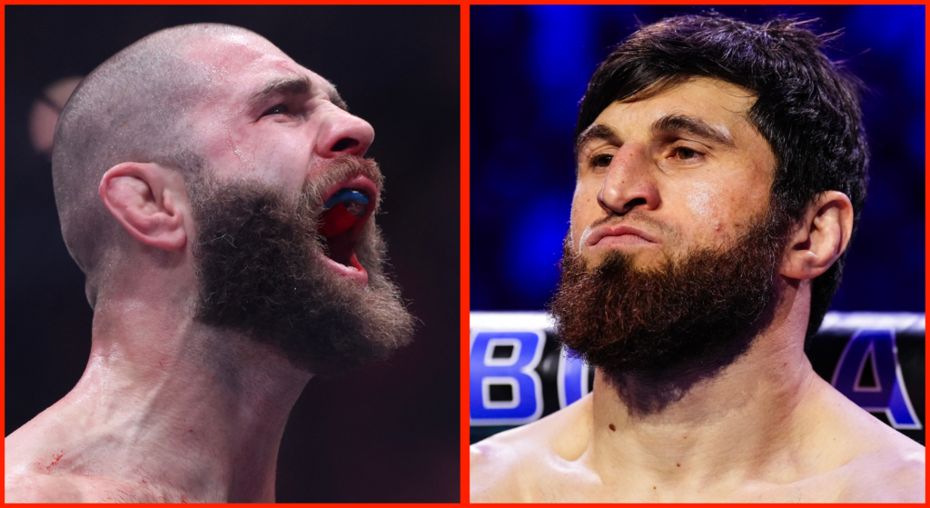 Split image of Jiri Prochazka reacting after UFC 311 win, opposite Magomed Ankalaev during UFC 313 pre-fight introductions.