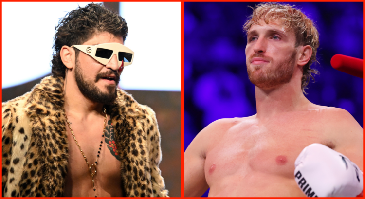 Split image of Dillon Danis at a press conference, opposite Logan Paul in his corner before fighting Danis.
