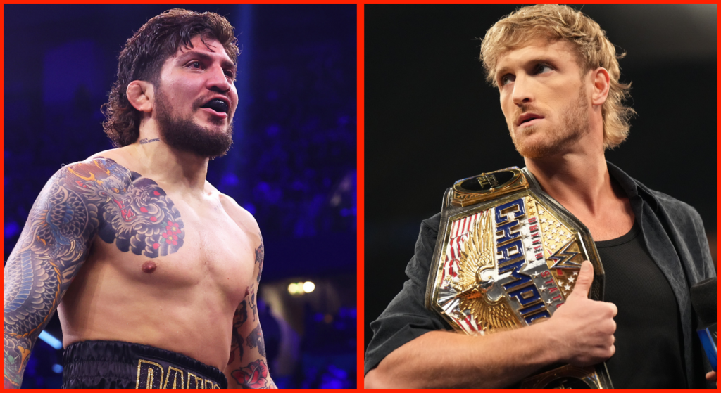 Split image of Dillon Danis during his boxing match with Logan Paul, opposite Paul at a WWE Smackdown event.